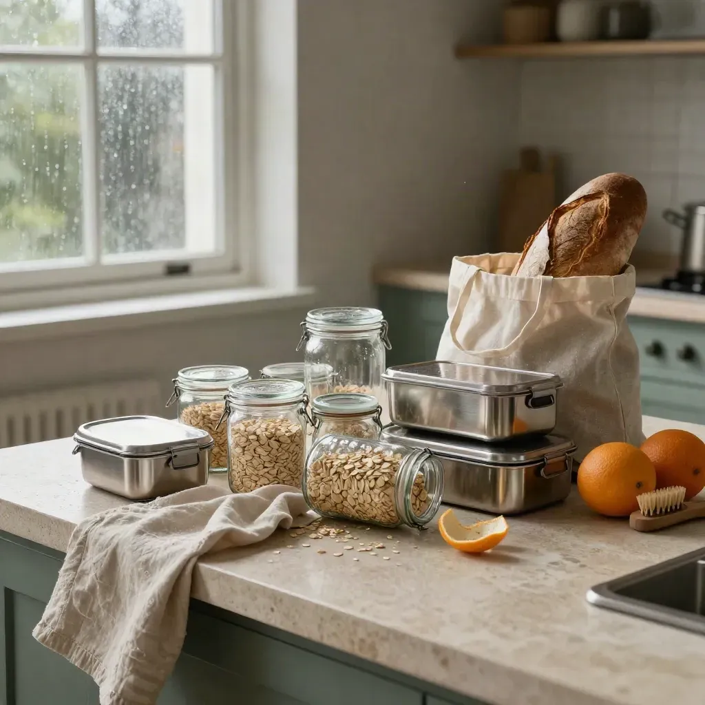Zero-Waste-Käufe auf einer Steinkücheninsel mit Gläsern, Tasche, Lunchbox und Bürste