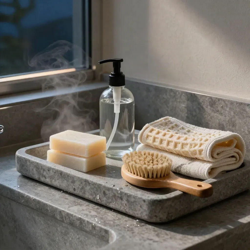 Badszene mit Shampoobar, Glas-Pumpflasche, Bürste und gefaltetem Handtuch auf Steinschale.