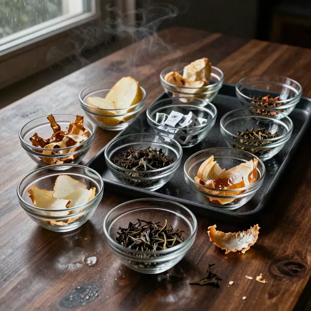 Glas-Schälchen mit Küchenresten und Sortierschale auf dunklem Holztisch