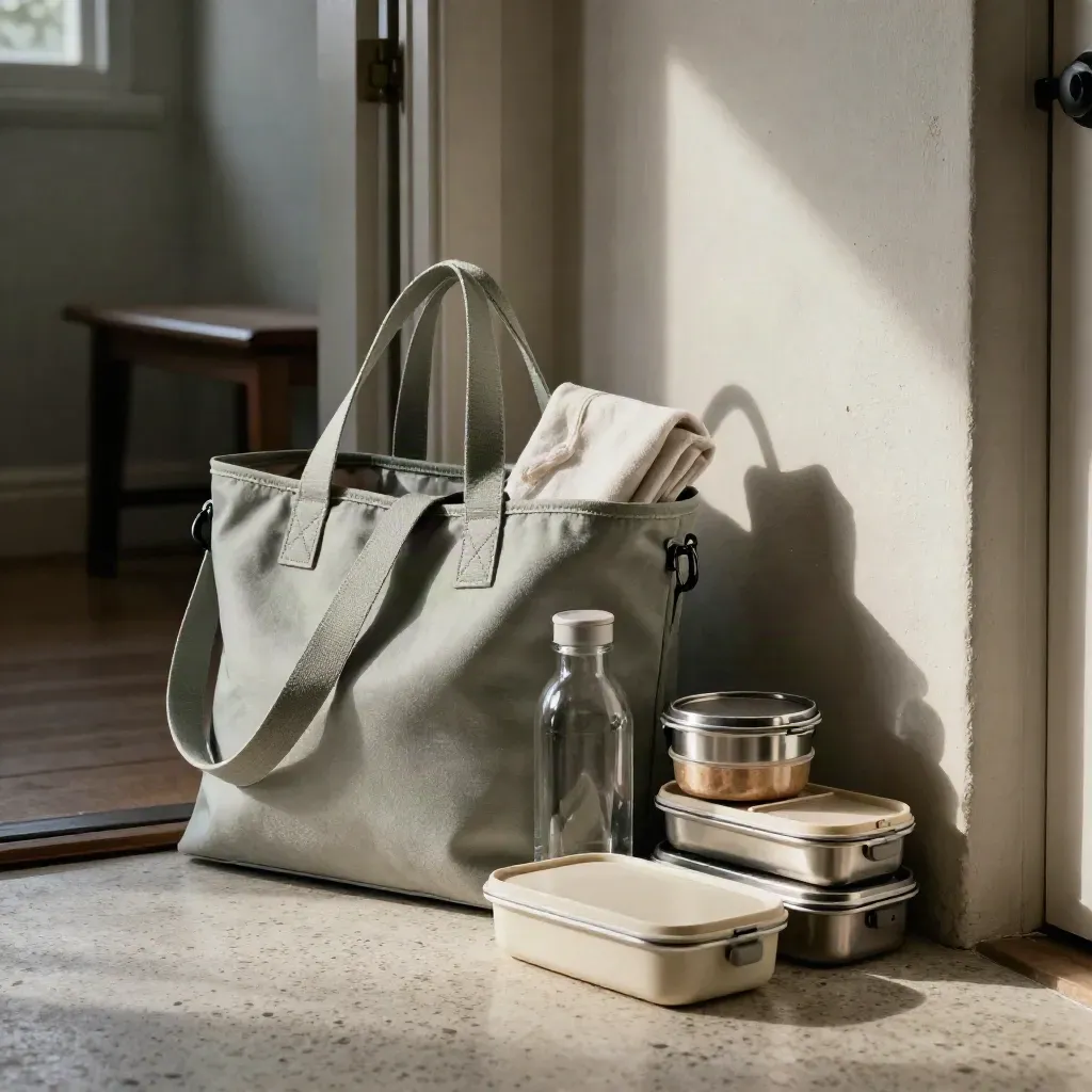 Commuter-Tasche mit Lunchboxen, Glasflasche und Stoffbeutel im Flur neben der Wohnungstür.