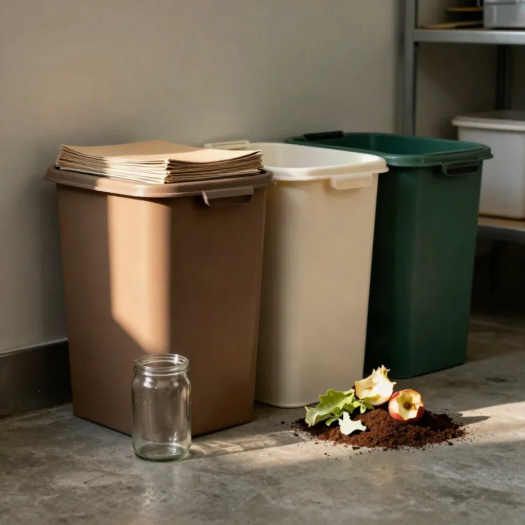 Vier Mülltrenn-Bins mit Papier, Glas und Bioabfall auf grauem Boden im Hauswirtschaftsraum.