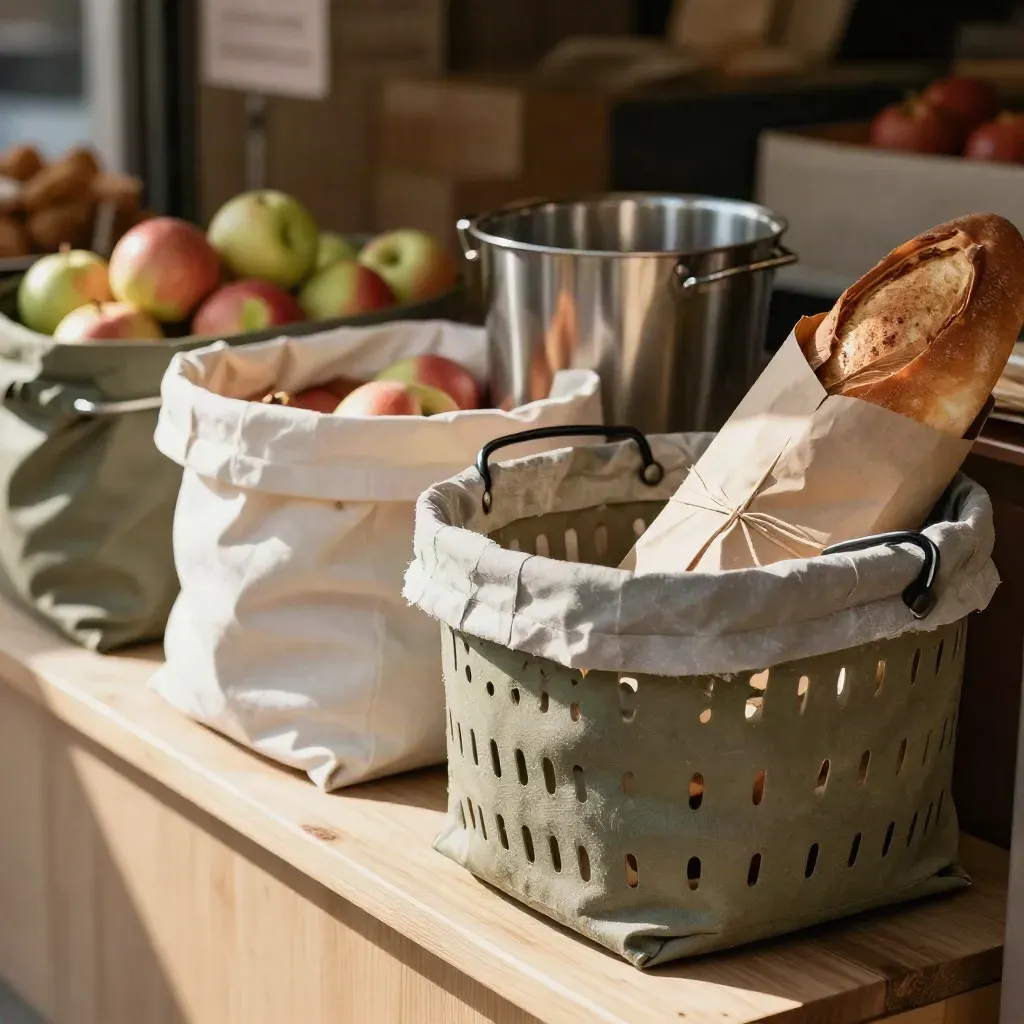 Marktkorb mit Stoffbeuteln, Edelstahlbox, Äpfeln und Brot auf hellem Holz im Morgenlicht