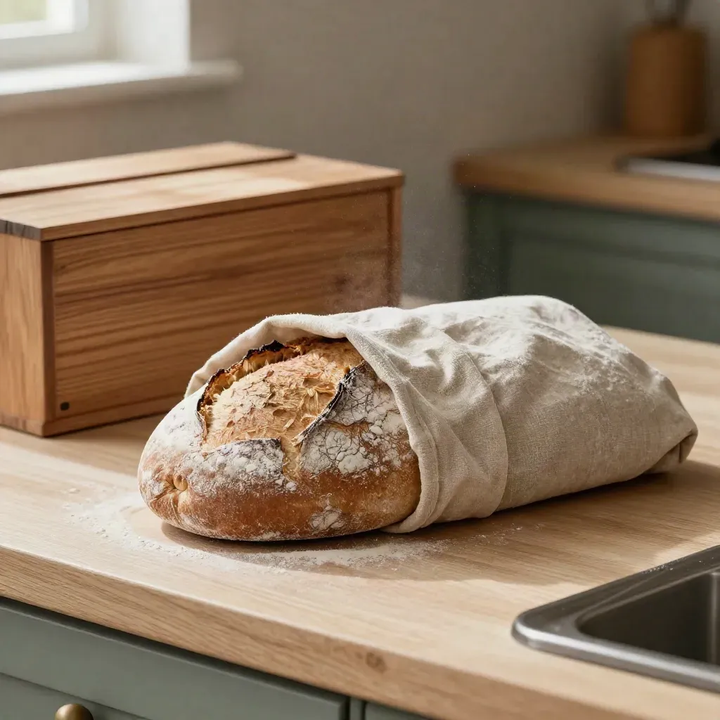 Leinensack mit Brotlaib und Brotbox auf heller Küchenarbeitsplatte, feiner Mehlstaub in der Luft
