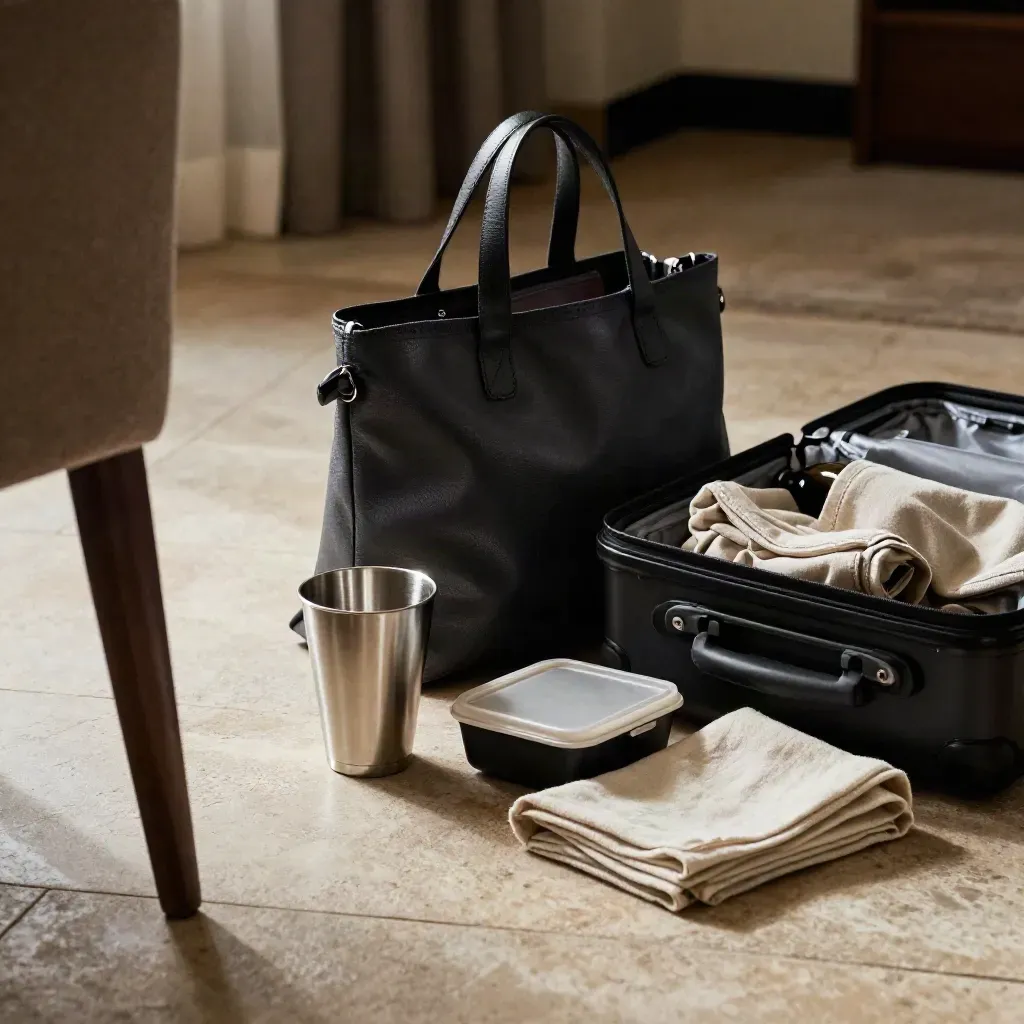 Reisetasche mit Becher, Box und Flasche auf Hotelstuhl neben offenem Koffer.