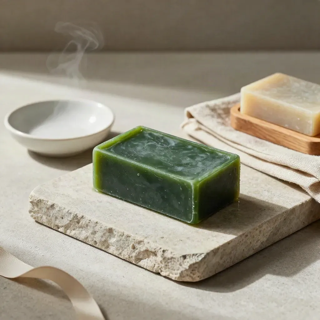 Forestgrünes Shampoo-Bar auf Steintablett mit Leinentuch und Keramikschale, leicht dampfend