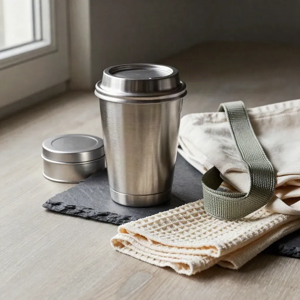 Stainless Kaffeebecher mit Brotdose und Stofftasche auf hellem Holz